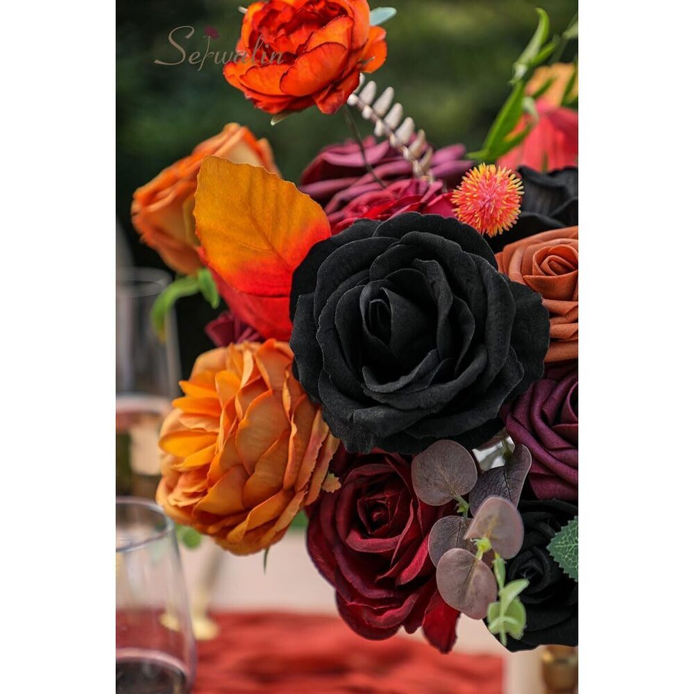 6083 Artificial Flowers Black Orange Fall Flowers Halloween Black Wedding - Picture 7 of 7